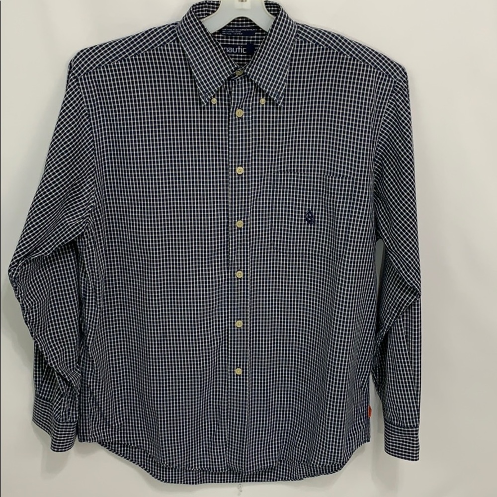 Nautica blue green white plaid dress shirt EUC